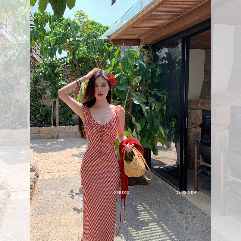 Women Red Plaid Sling Fishtail Dress Summer Style