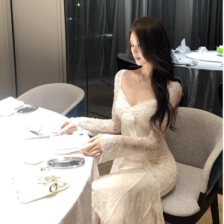 Women Square Neck Lace Midi Dress Autumn 2025