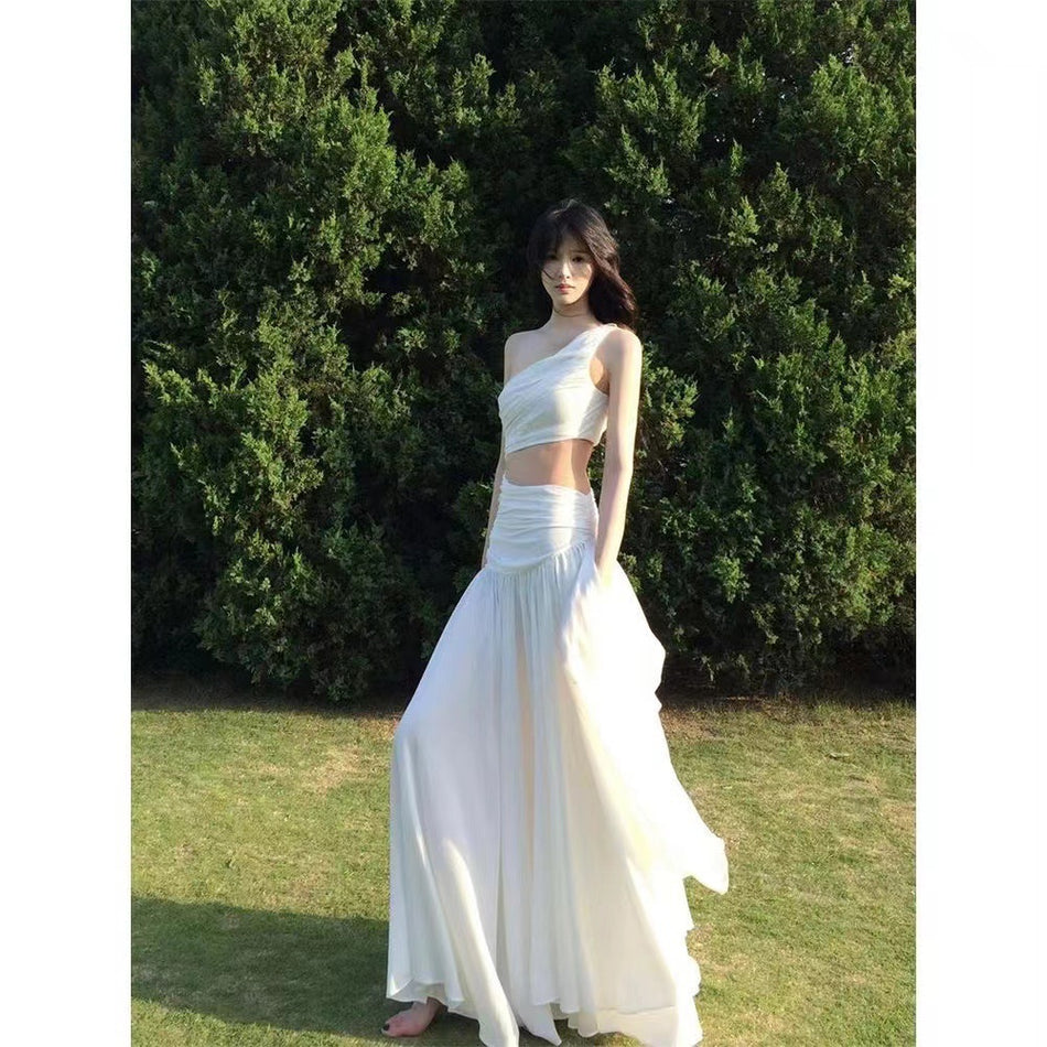 Women White Sleeveless Shoulder Long Dress Summer