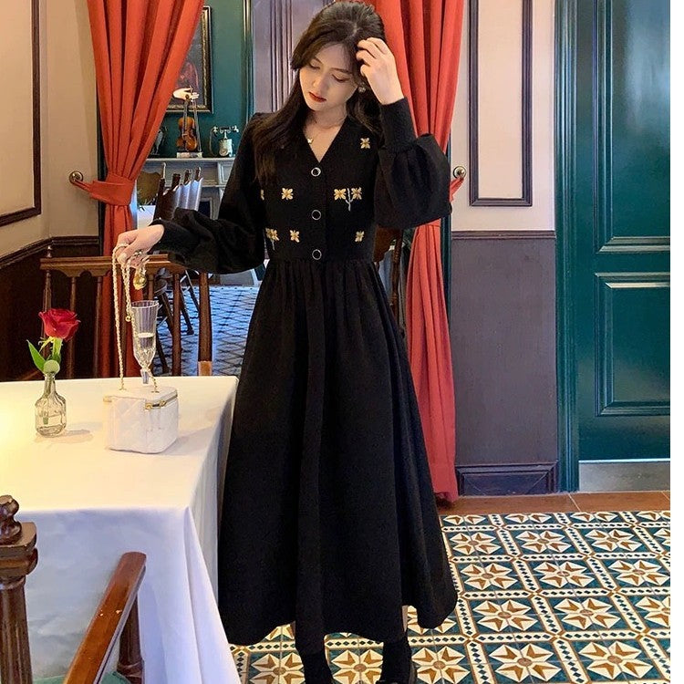 Women Black V-Neck Embroidered Slim Fit Dress 2025