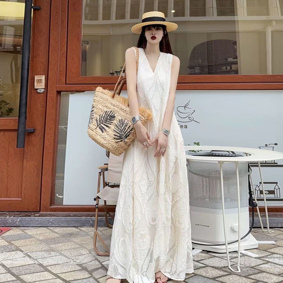 Women Jacquard Sleeveless Loose Long Dress Summer