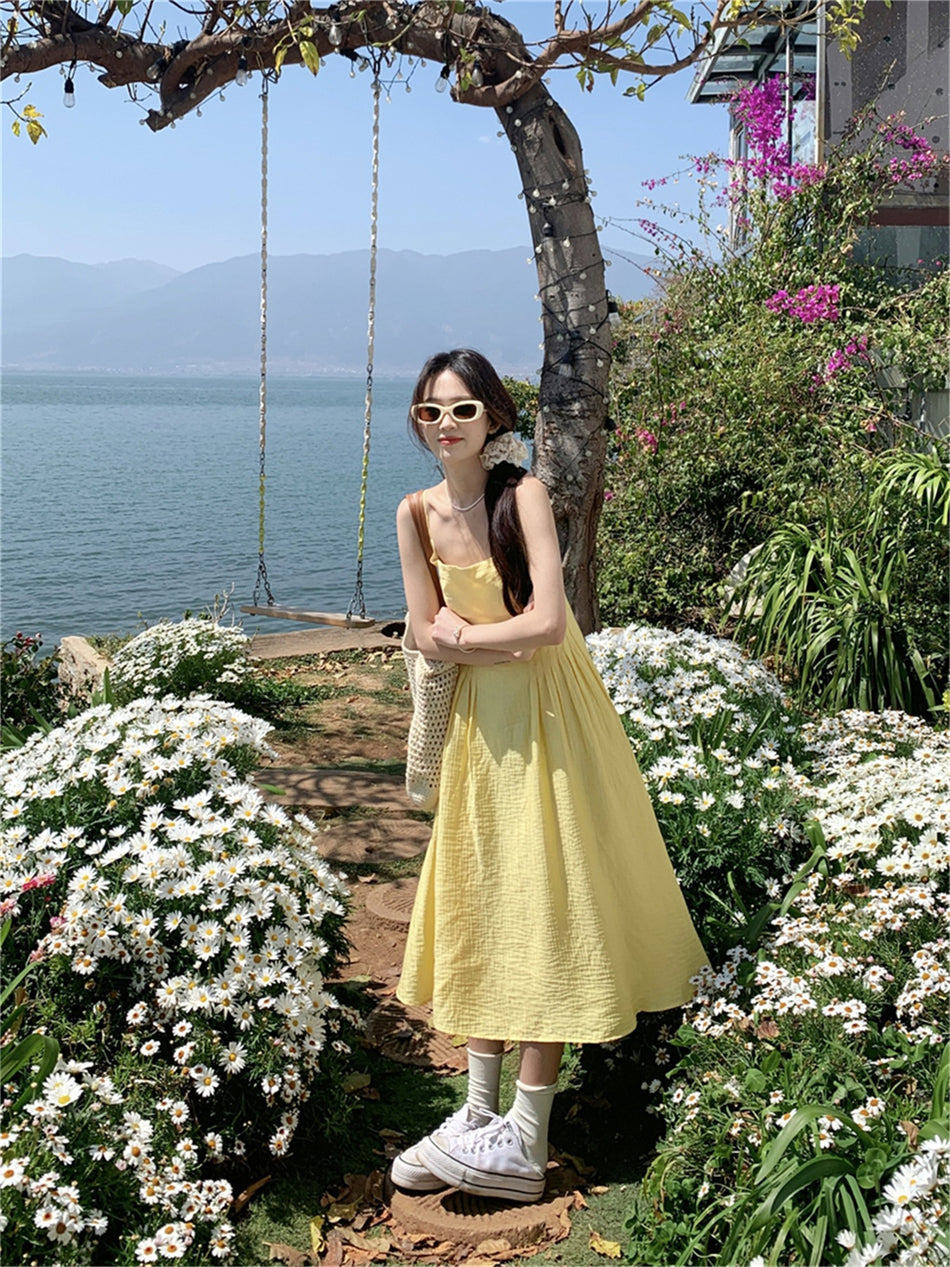 Women Yellow Suspender Maxi Dress Summer Vacation