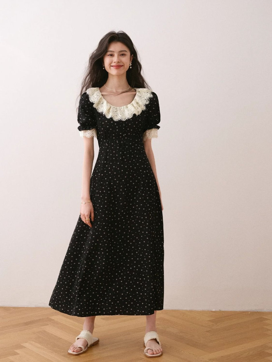 Women Black Floral Ruffle Collar Midi Dress Summer