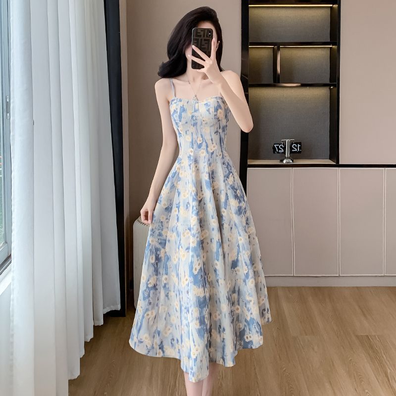 Women Blue Floral Suspender Maxi Dress Summer