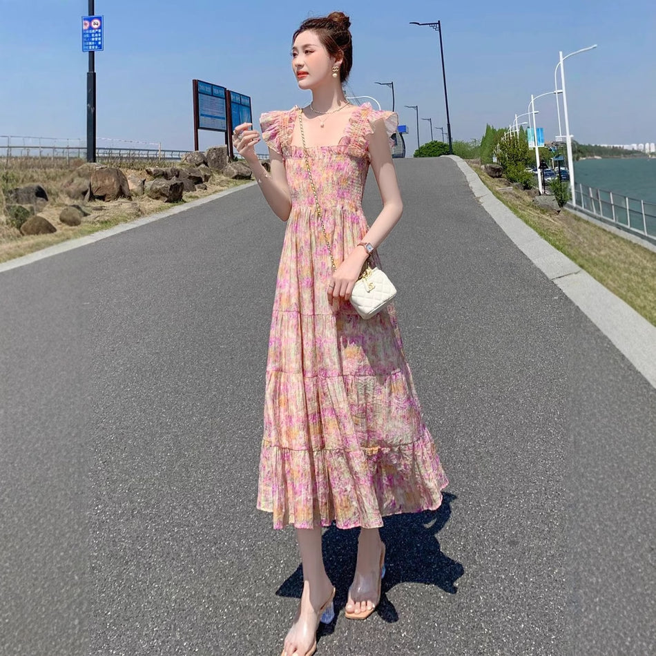 Women Floral Sling Maxi Dress Summer Vacation Style