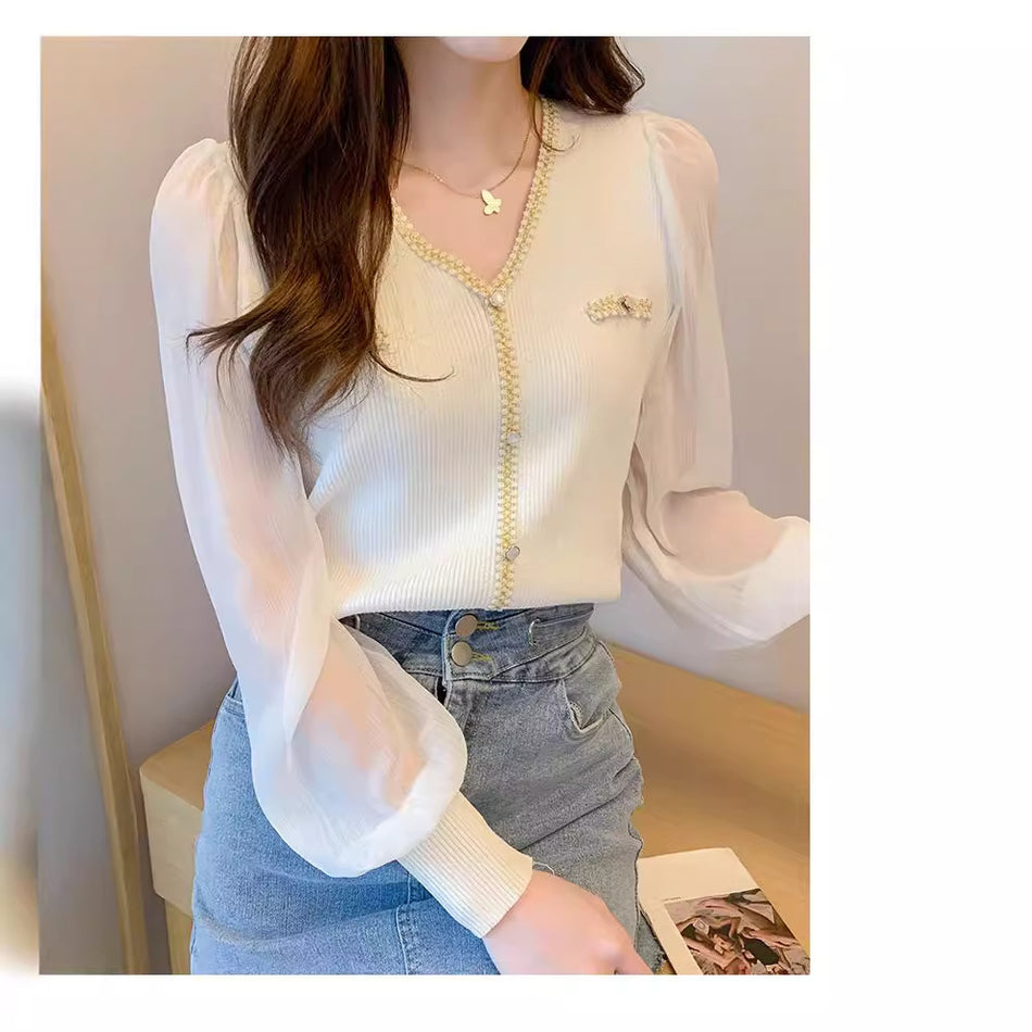 Women Chanel Style V-Neck Sweater Base Shirt Top