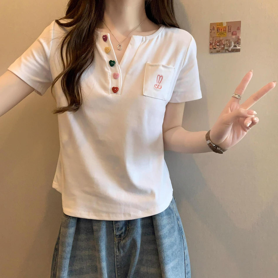 Plus Size Women Korean Button T-Shirt Summer Top