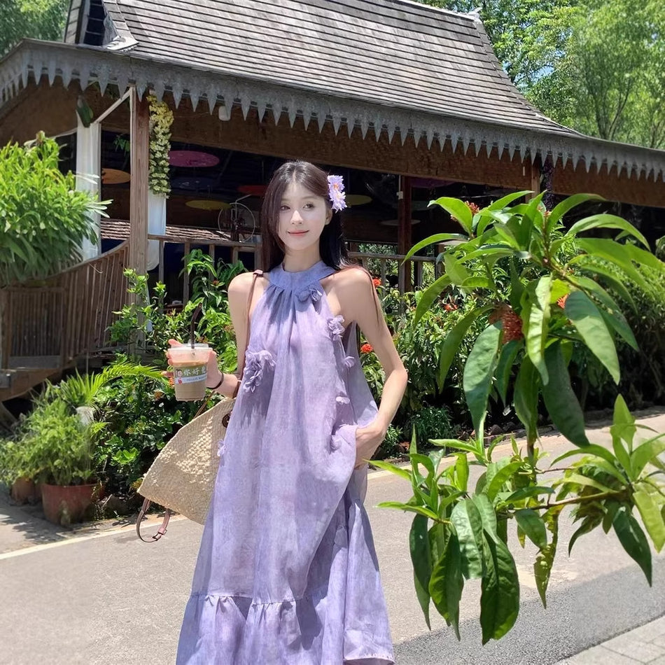 Women Purple Floral Halter Maxi Dress Summer 2026