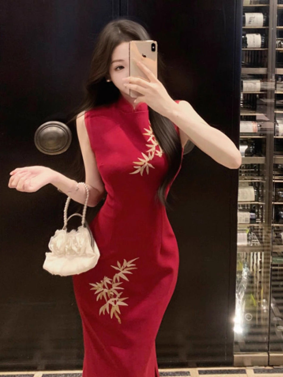 Women Red Cheongsam Embroidered Sheath Dress Summer