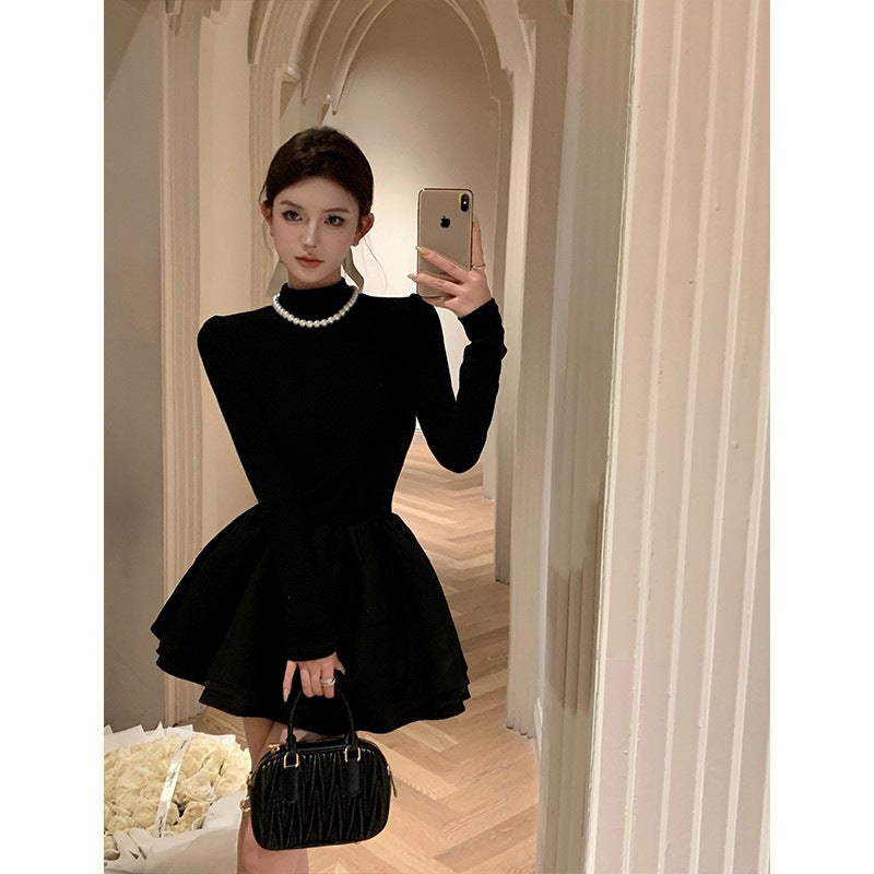 Women Black Knit Turtleneck A-Line Dress Winter