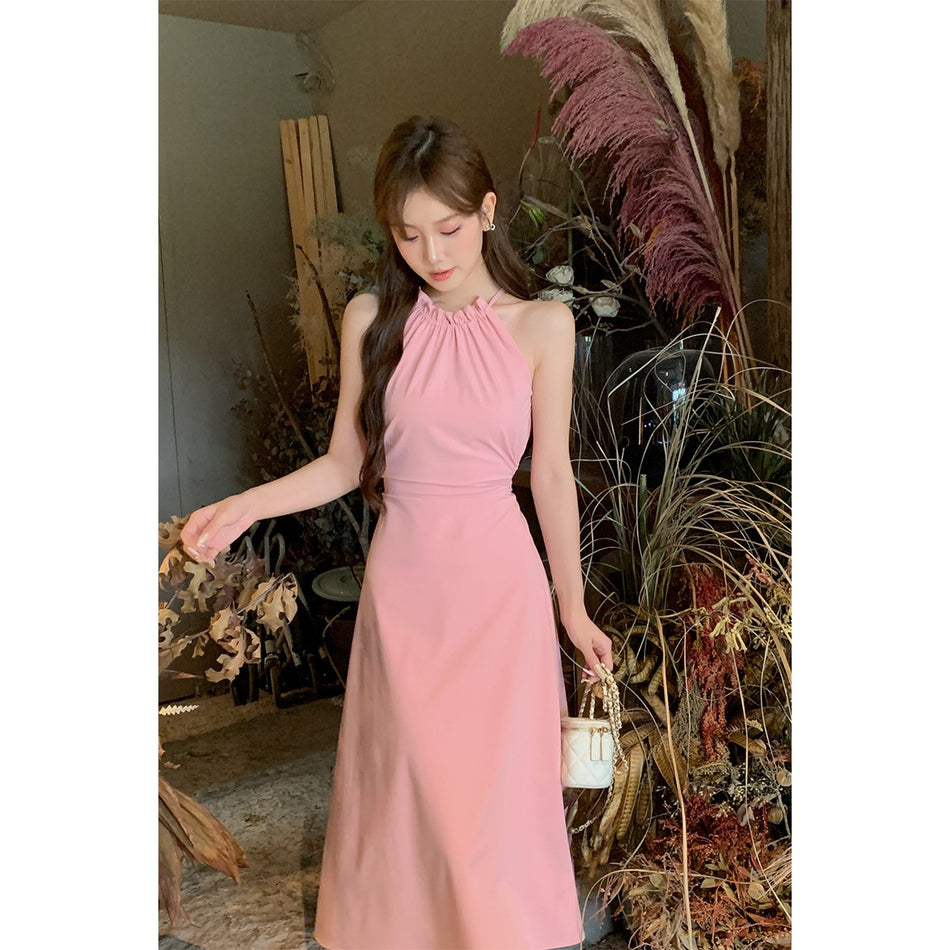 Hollow-Out Halter Midi Dress Women Summer Slim Fit