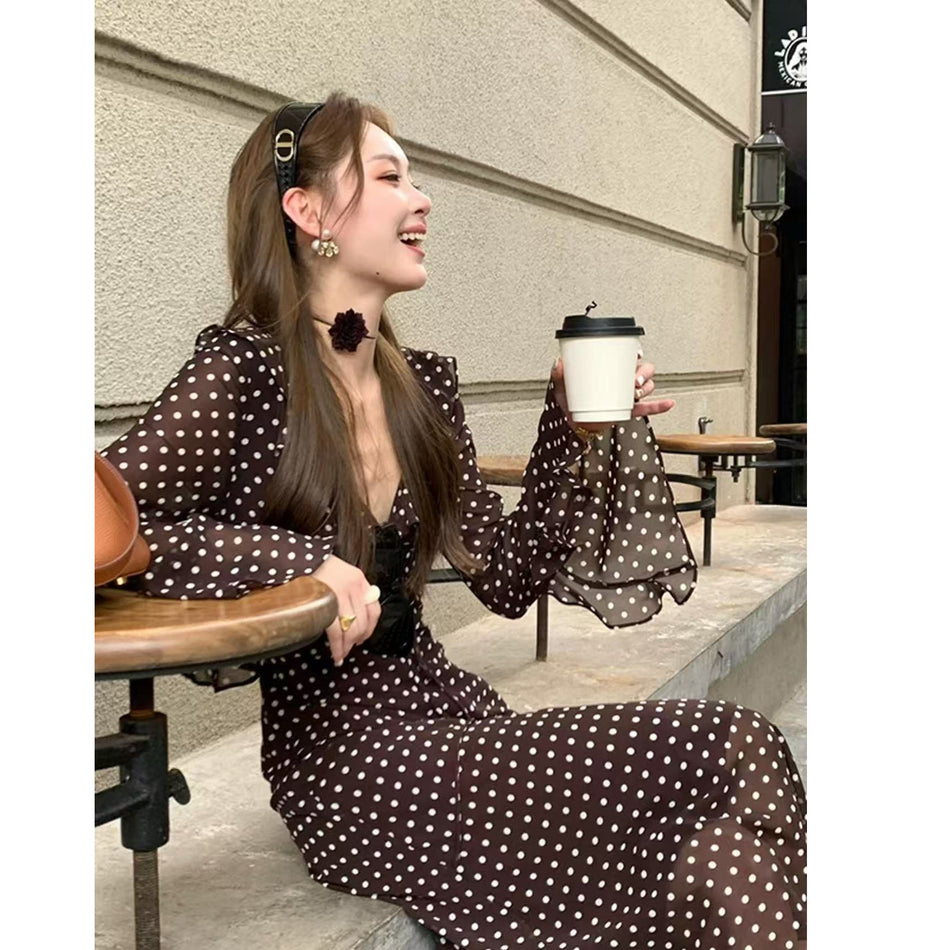 French Polka Dot V-Neck Midi Dress Women Autumn Elegant
