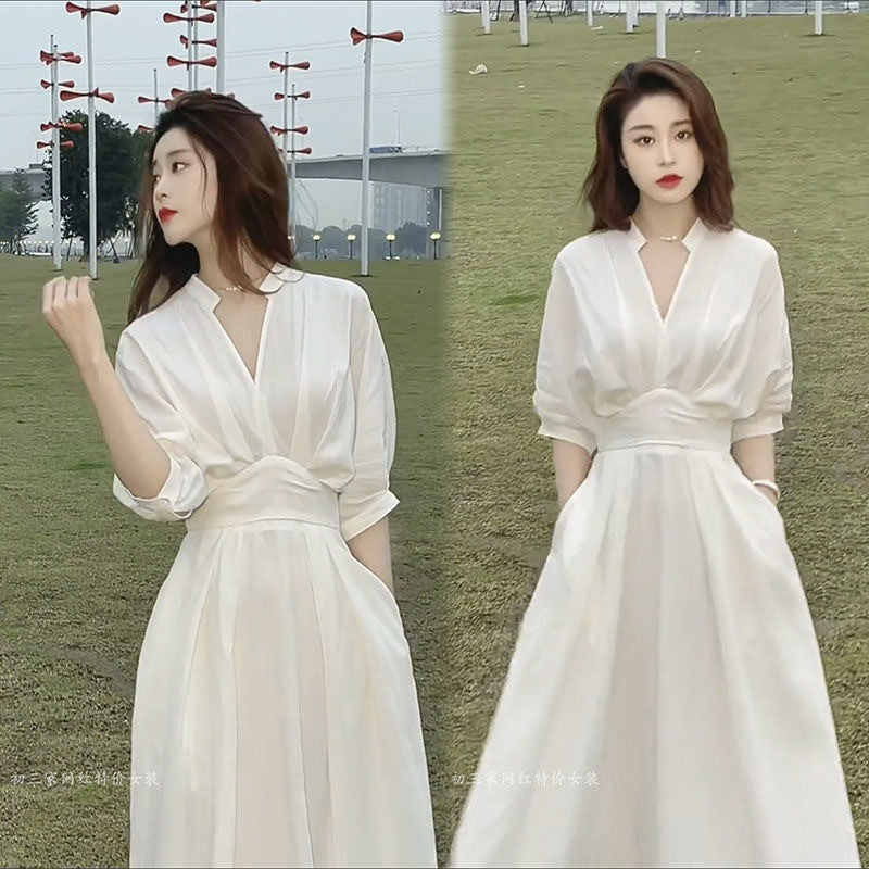 Elegant V-Neck Shirt Dress Slim Waist Midi Women Summer
