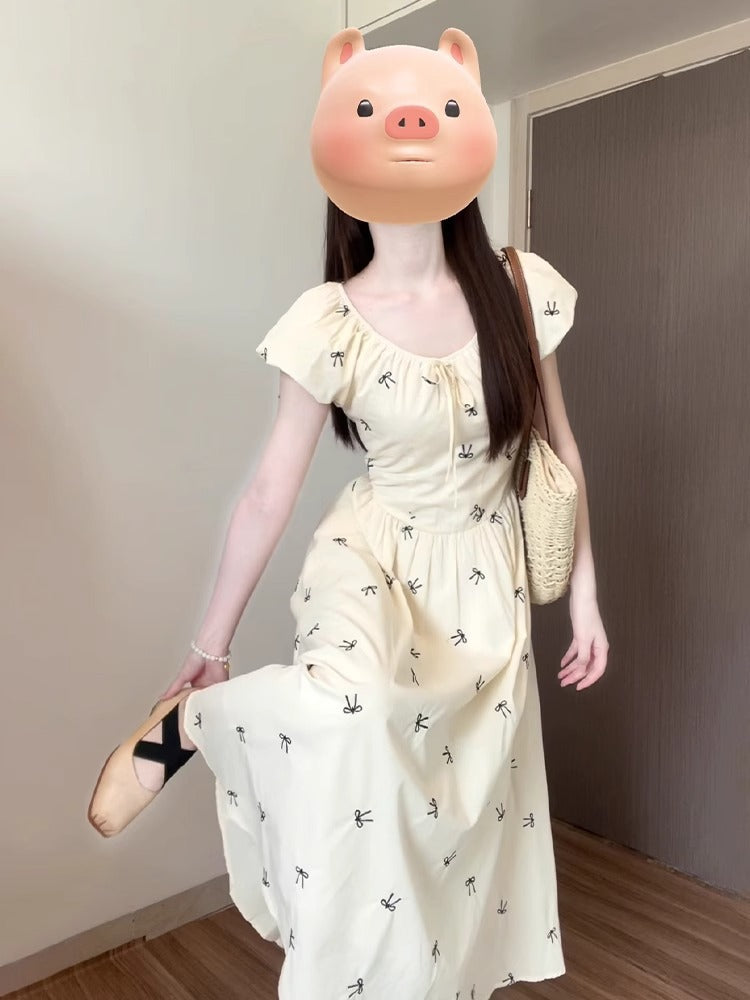French Floral Puff Sleeve Dress Women Summer Elegant