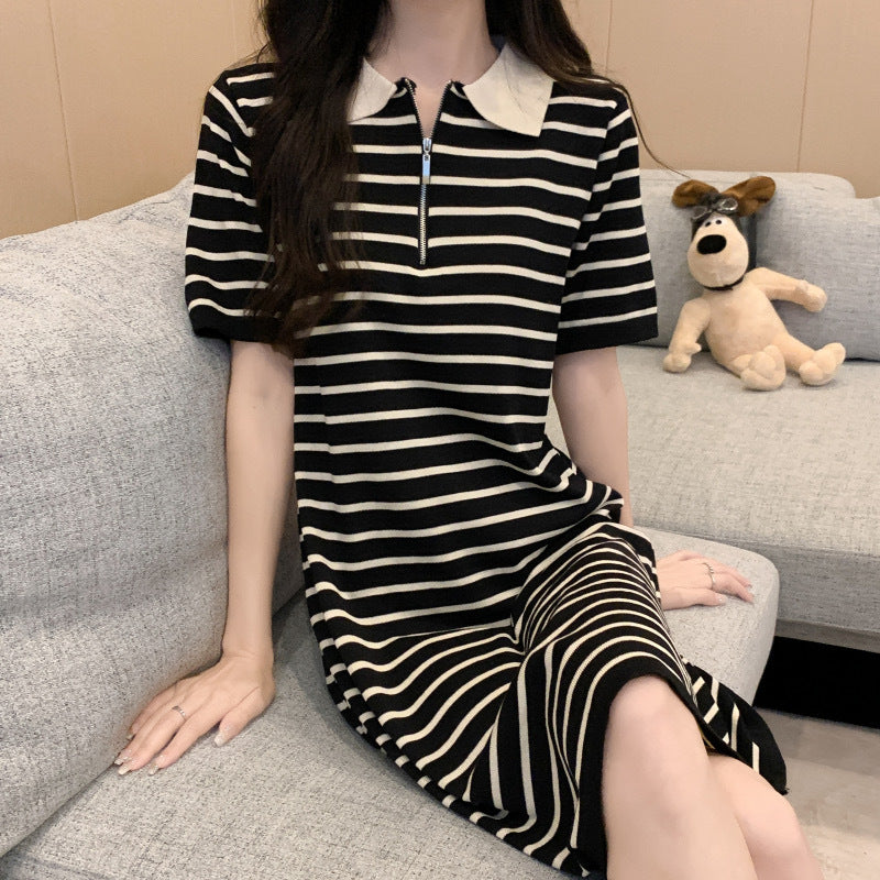 Striped Polo Collar Ice Silk Dress Women Summer Casual