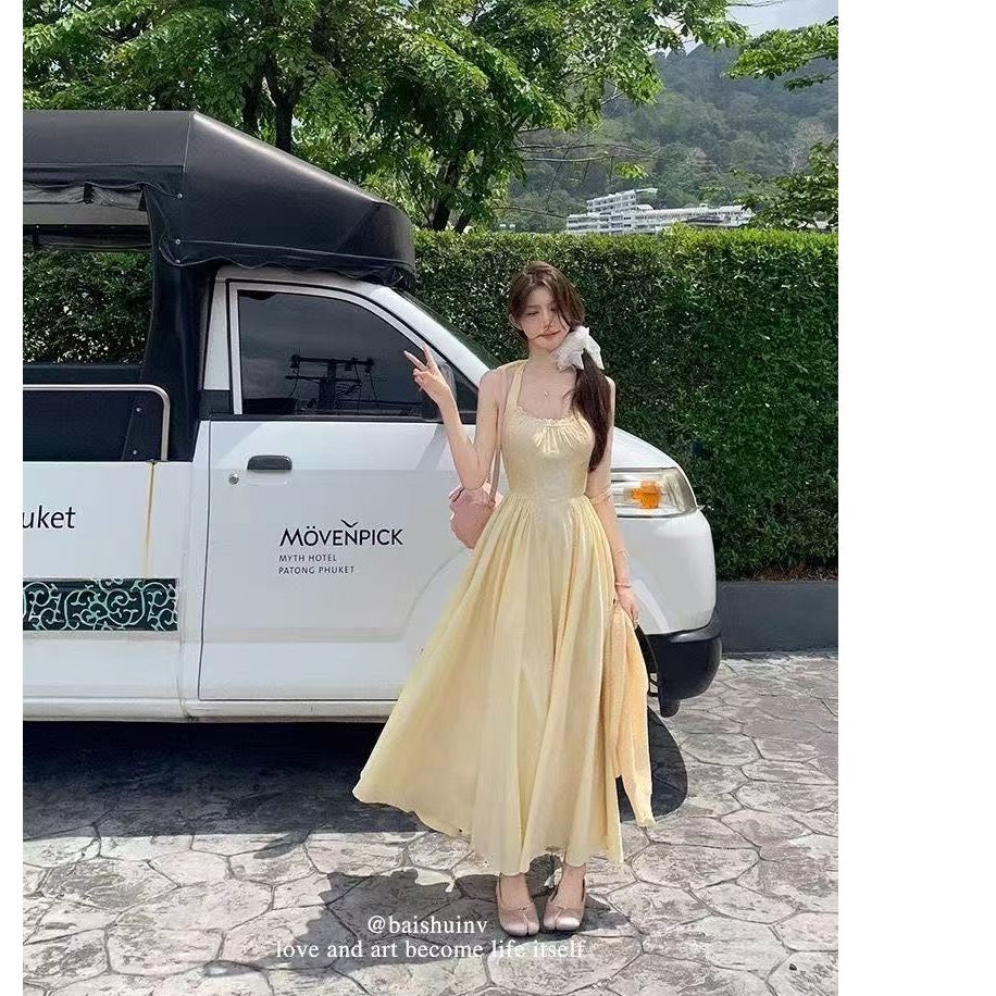 French Halter Backless Maxi Dress Women Summer Elegant
