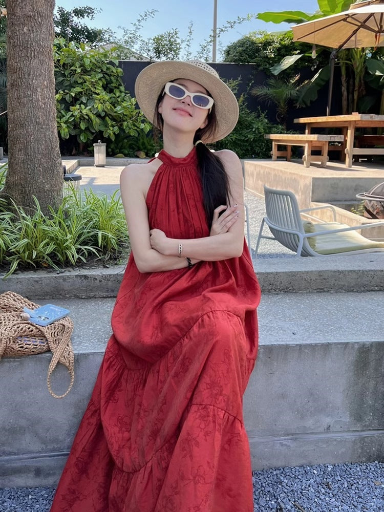 Red Jacquard Halter Maxi Dress Women Summer Elegant