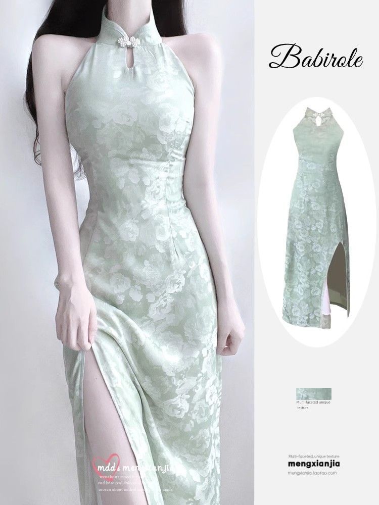 Green Cheongsam Halter Dress Women Summer Elegant