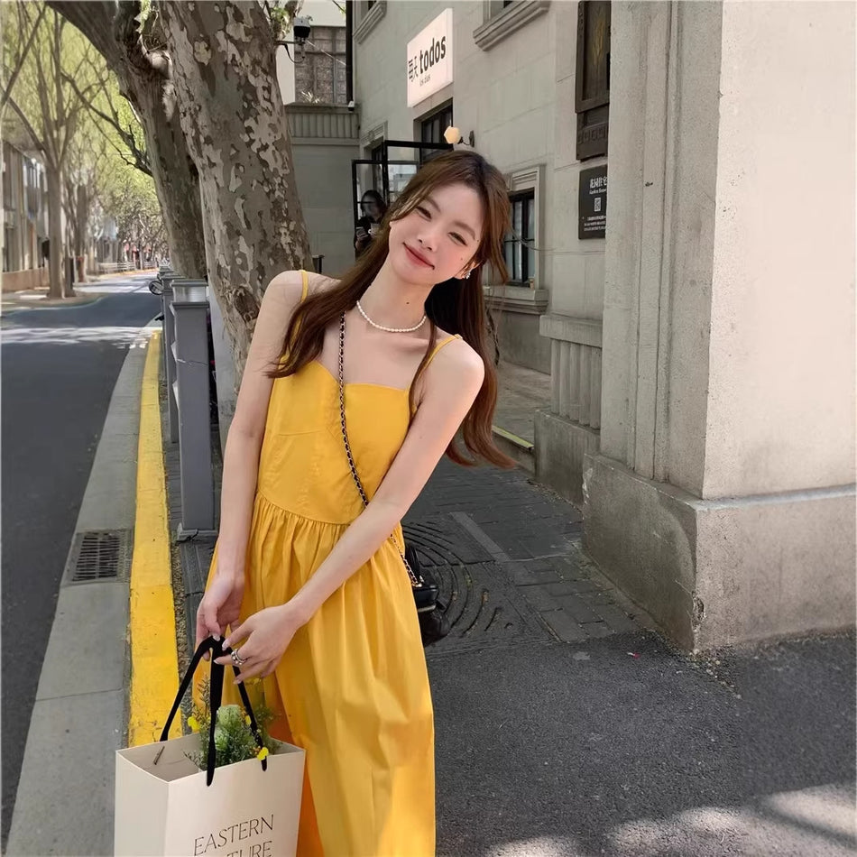 Yellow Suspender A-Line Dress Women Summer Casual
