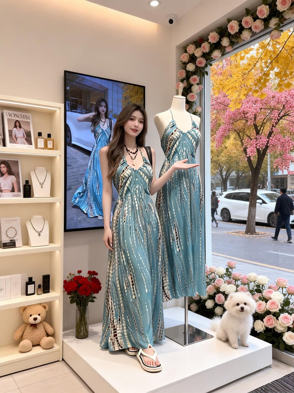 Korean Strap Elegant Midi Dress Women Retro Summer