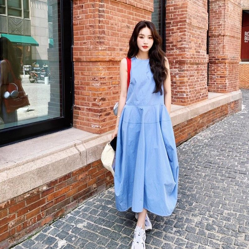 Blue Vest A-Line Maxi Dress Women Summer Elegant