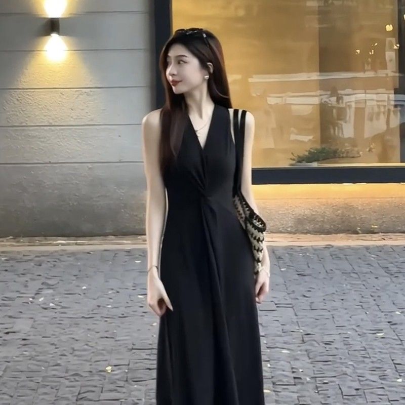 Black Halter V-Neck Dress Women Summer French Style