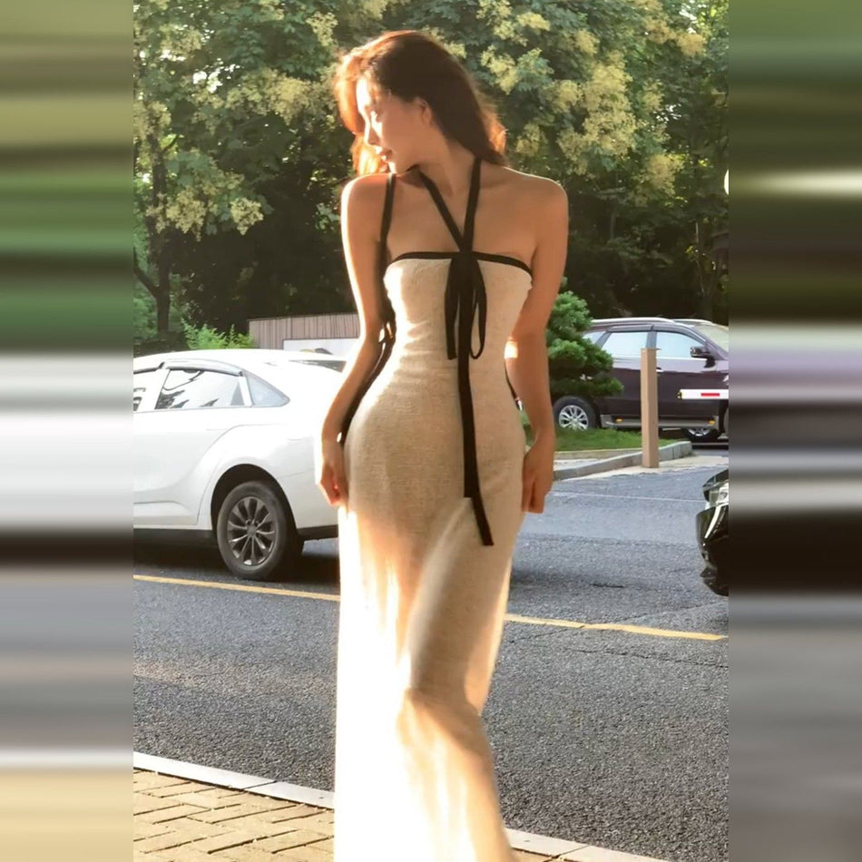 French Halter Tube Maxi Dress Women Summer Elegant Gold