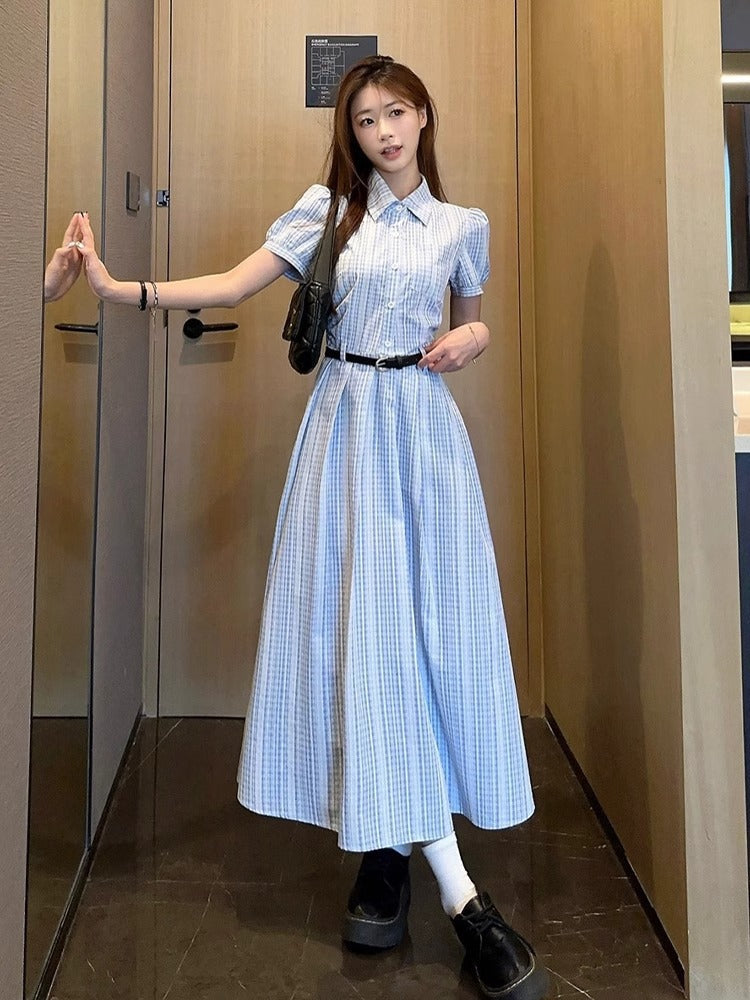 French Plaid Shirt Long Dress Women Summer Elegant