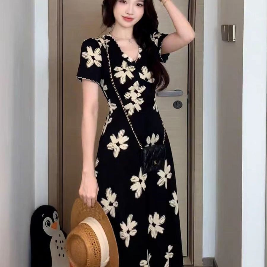 Retro French V-Neck Floral Dress Women Elegant Summer