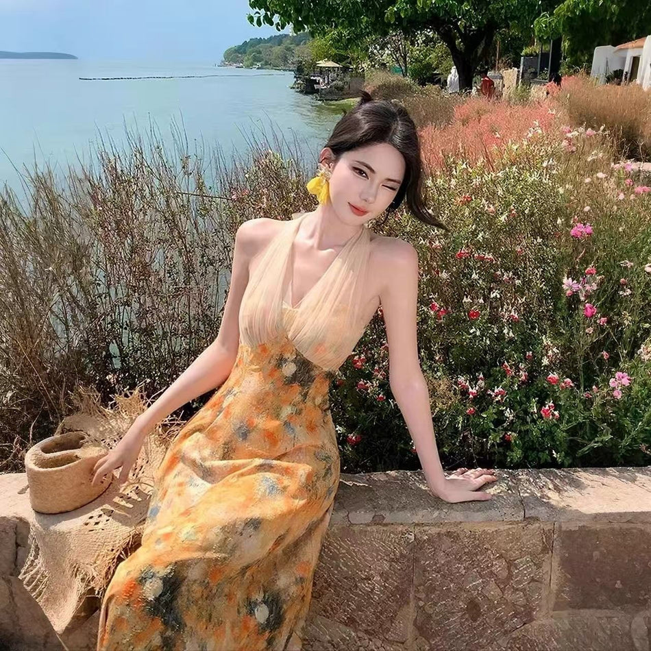 Yellow Halter Floral Dress Women Summer Beach Elegant