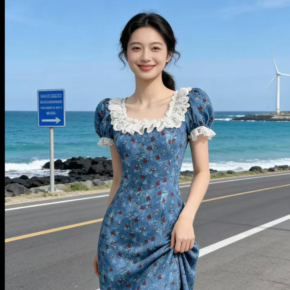 Blue Floral Sunset Rose Dress Women Summer Elegant
