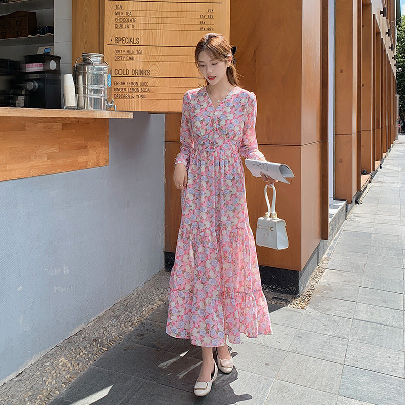 V-Neck Chiffon Ruffle Dress Women Spring Autumn 2024