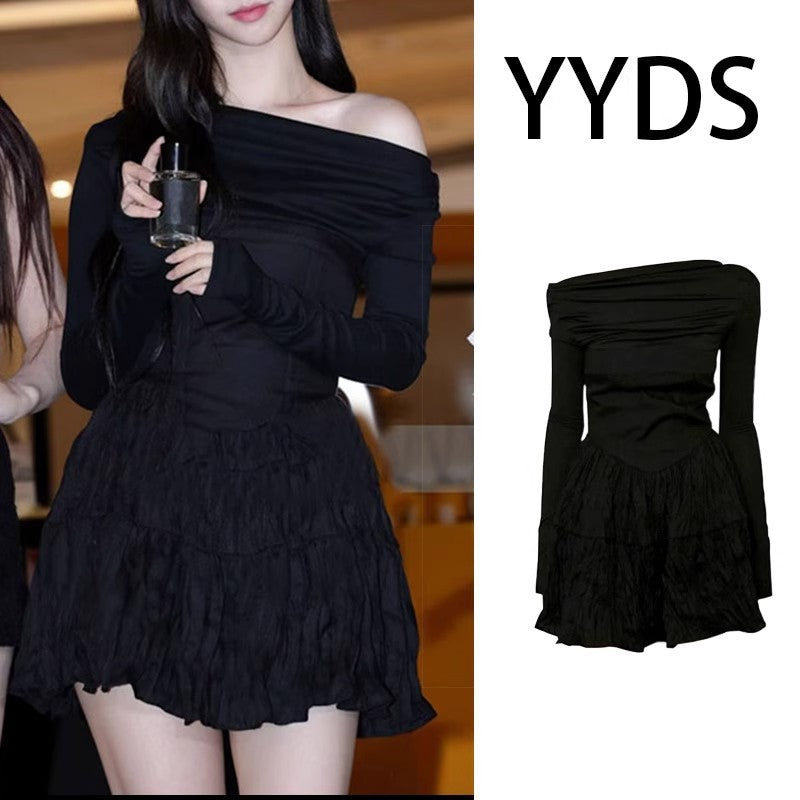 One Shoulder Black Dress Fluffy Waist Cinching Style