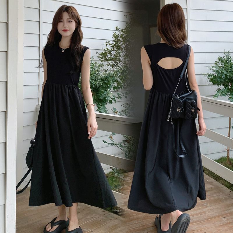 Hepburn Style Black Backless Summer Long Dress