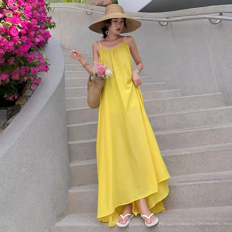 Yellow Backless A-Line Summer Vacation Long Dress