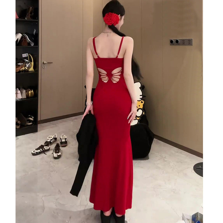 French Sling Fishtail Hollow Out Long Dress Women