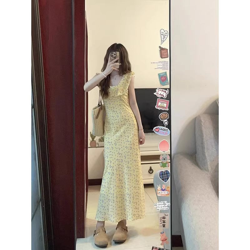 Floral Ruffle Lace Strap Midi Slim Fit Dress