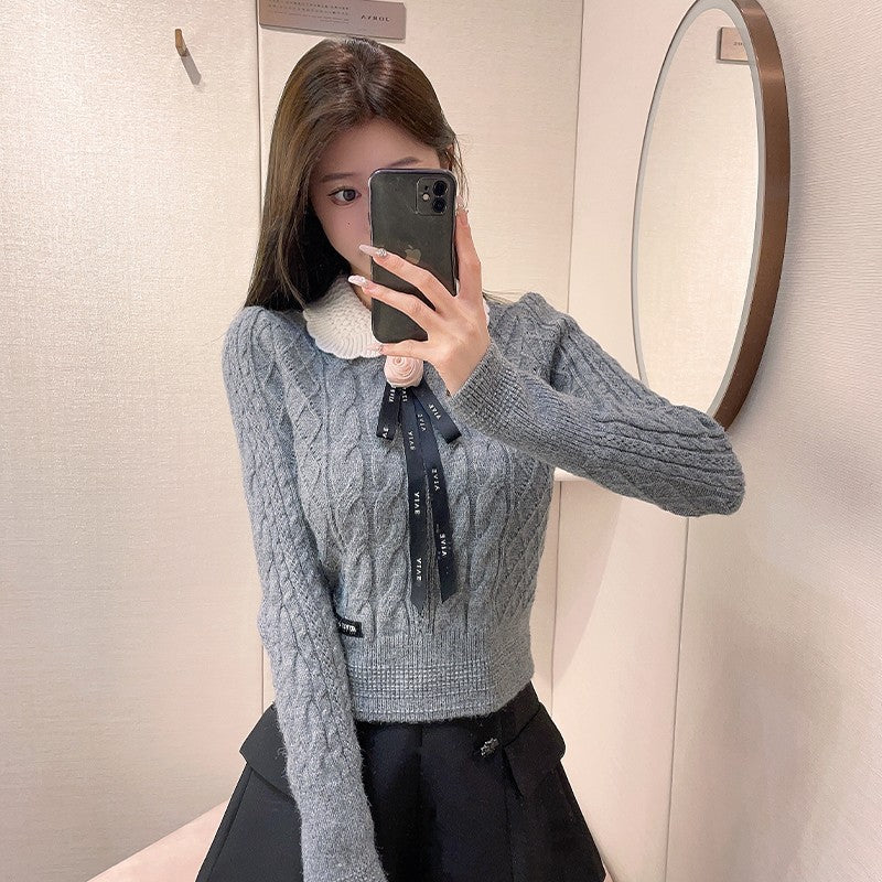 Elegant Bow Lapel 3D Flower Diamond Sweater Women