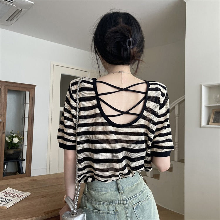 Striped Backless Ice Silk Knitted Summer Top Women