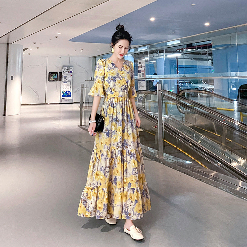 Floral Trumpet Sleeve Slim Fit Holiday Dress Women