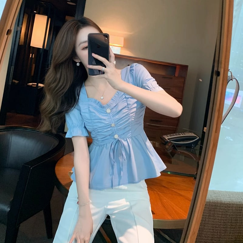 Square Collar Chiffon Slim Waist Short Top Women