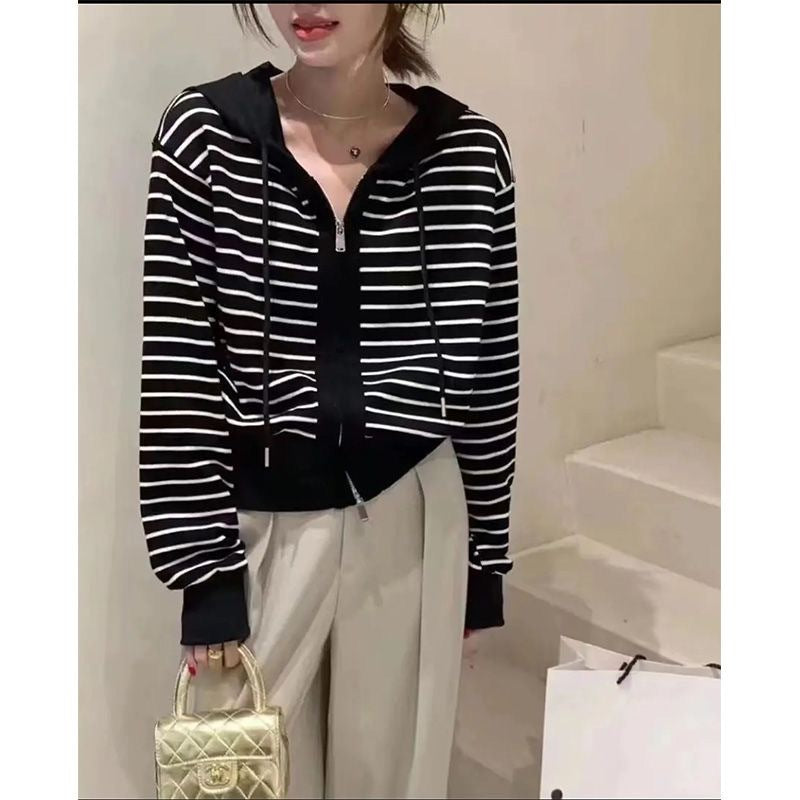 Hooded Striped Zip Cardigan Sweater Women