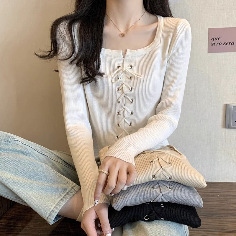 Square Collar Bow Lace-Up Slim Sweater Women