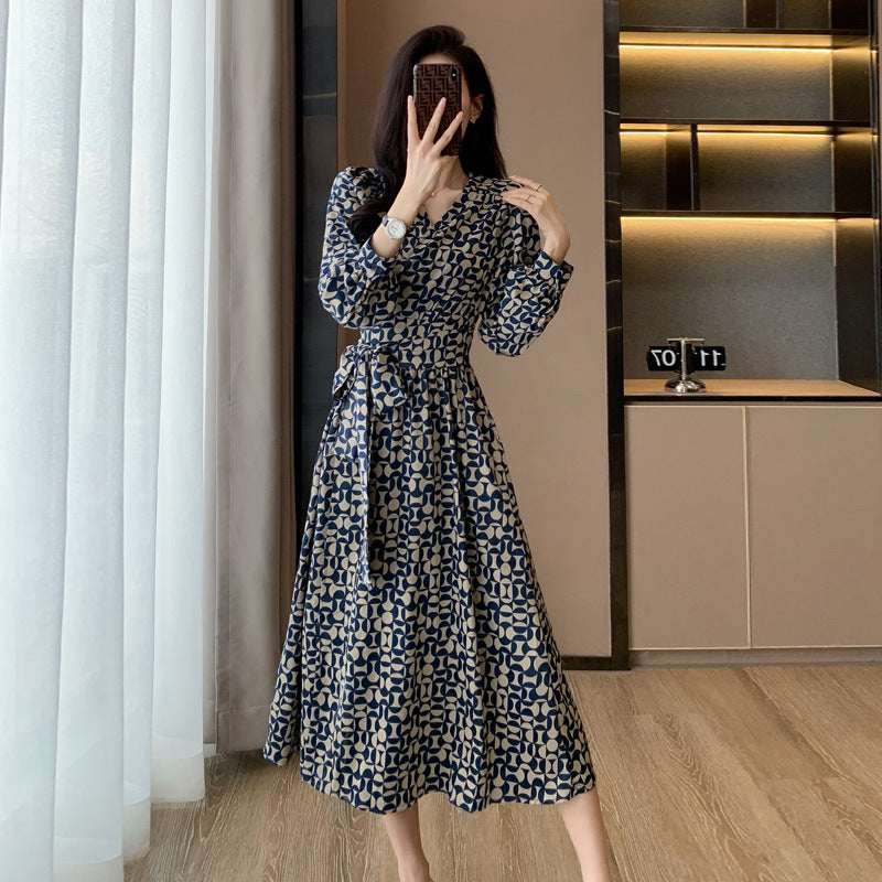 Retro Floral V-Neck Lace-Up Midi A-Line Dress Women