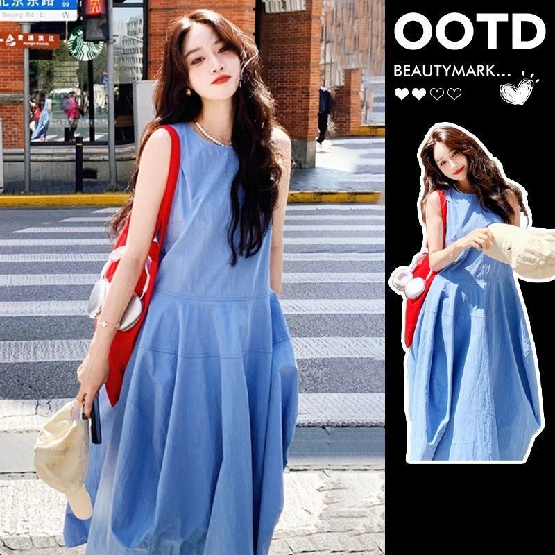 Blue Vest A-Line Slim Waist Holiday Long Dress Women
