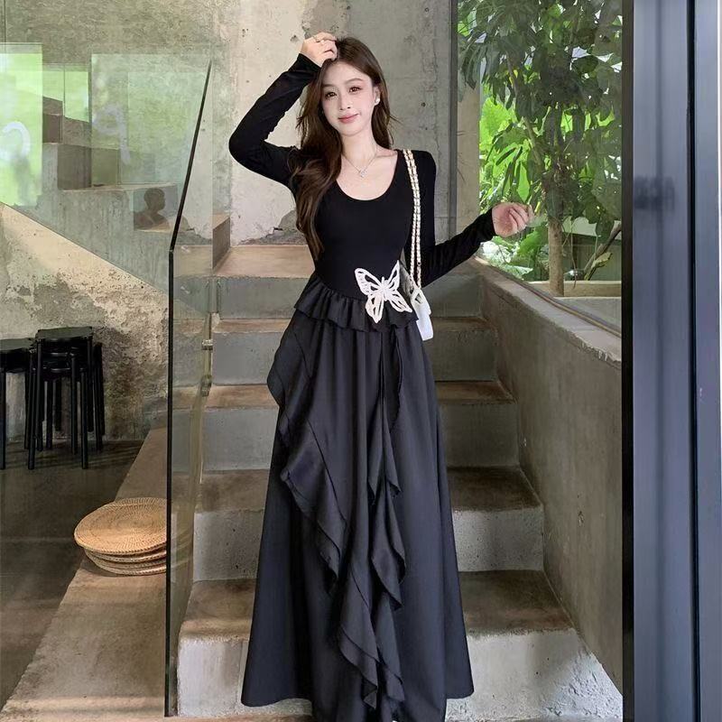 Plus Size Butterfly Ruffle Waist Slim Long Dress