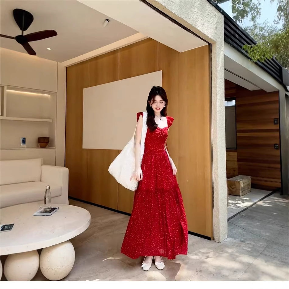 Red Polka Dot Bow Backless Strap Dress Women