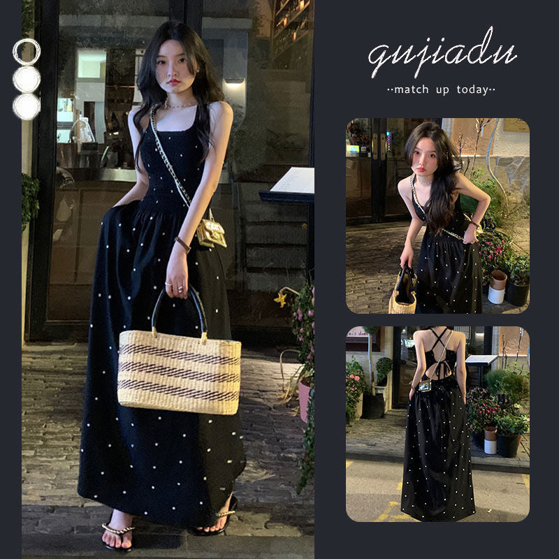 Black Polka Dot Suspender Retro Long Dress Women