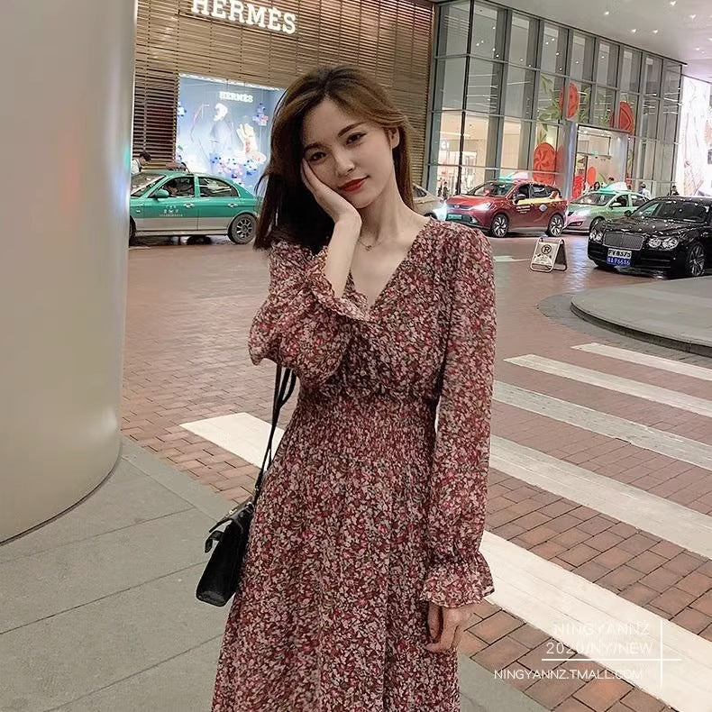 Floral V-Neck Chiffon Waisted Midi Dress Women