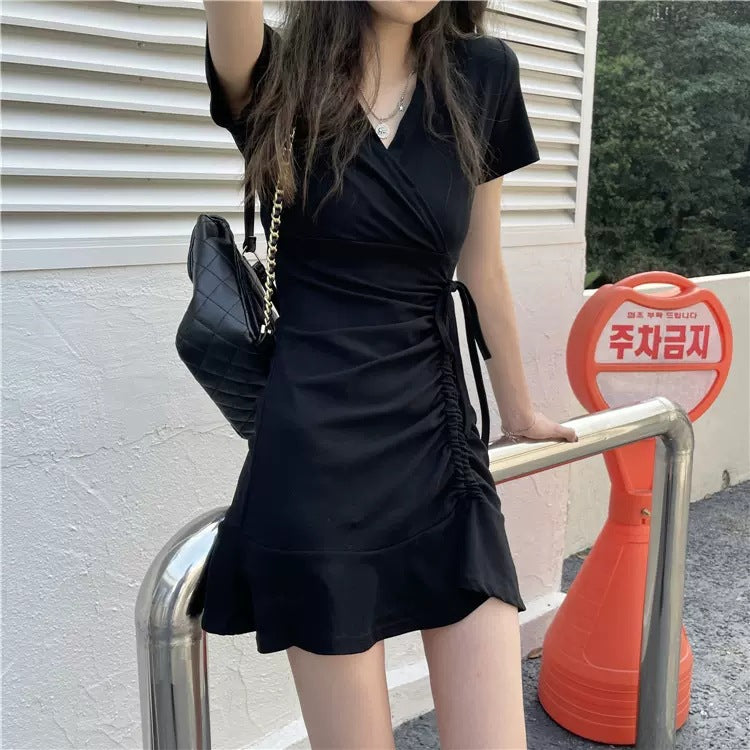 Black V-Neck Fishtail Slim Fit Drawstring Dress Women